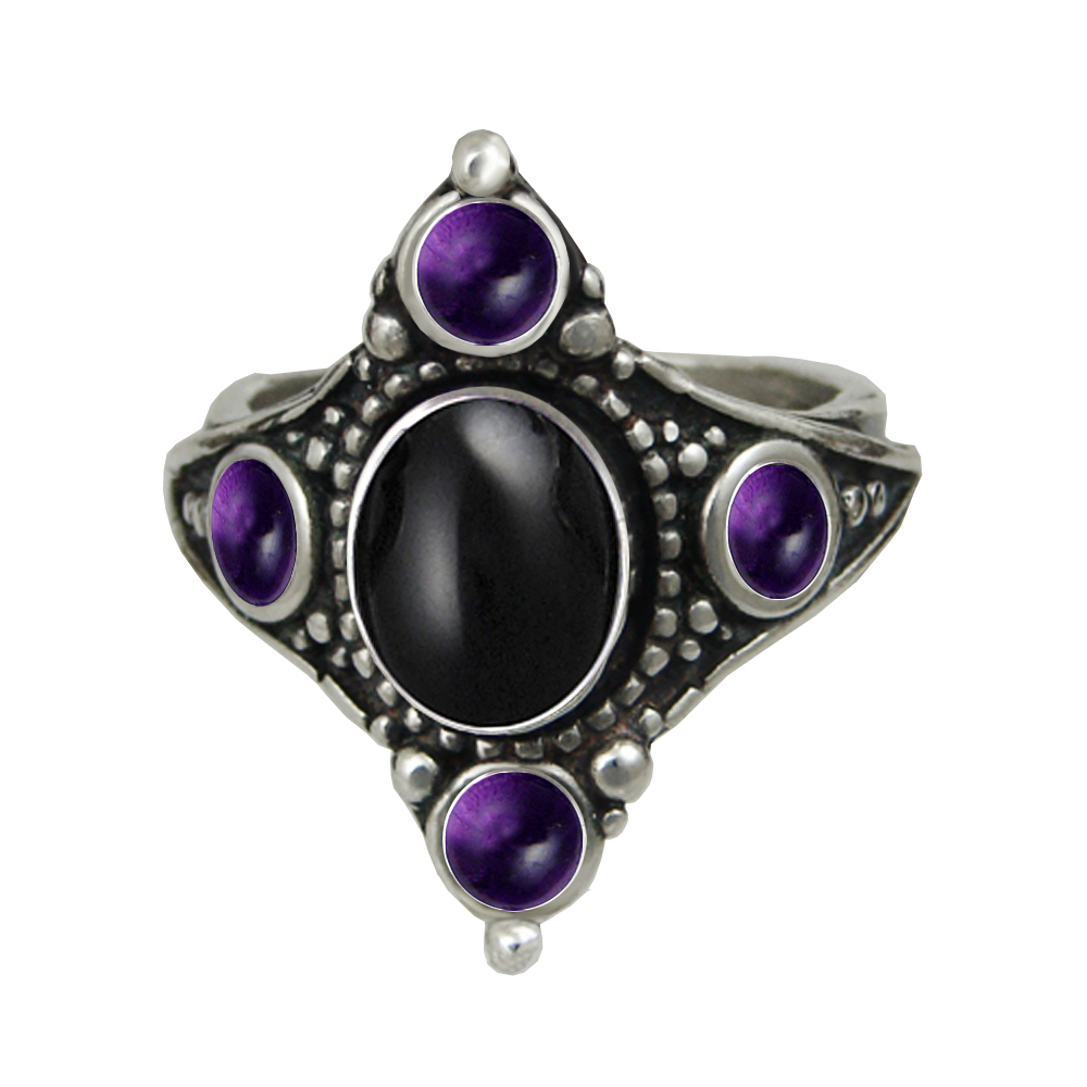 Sterling Silver Renaissance Queen's Ring With Black Onyx And Amethyst Size 9